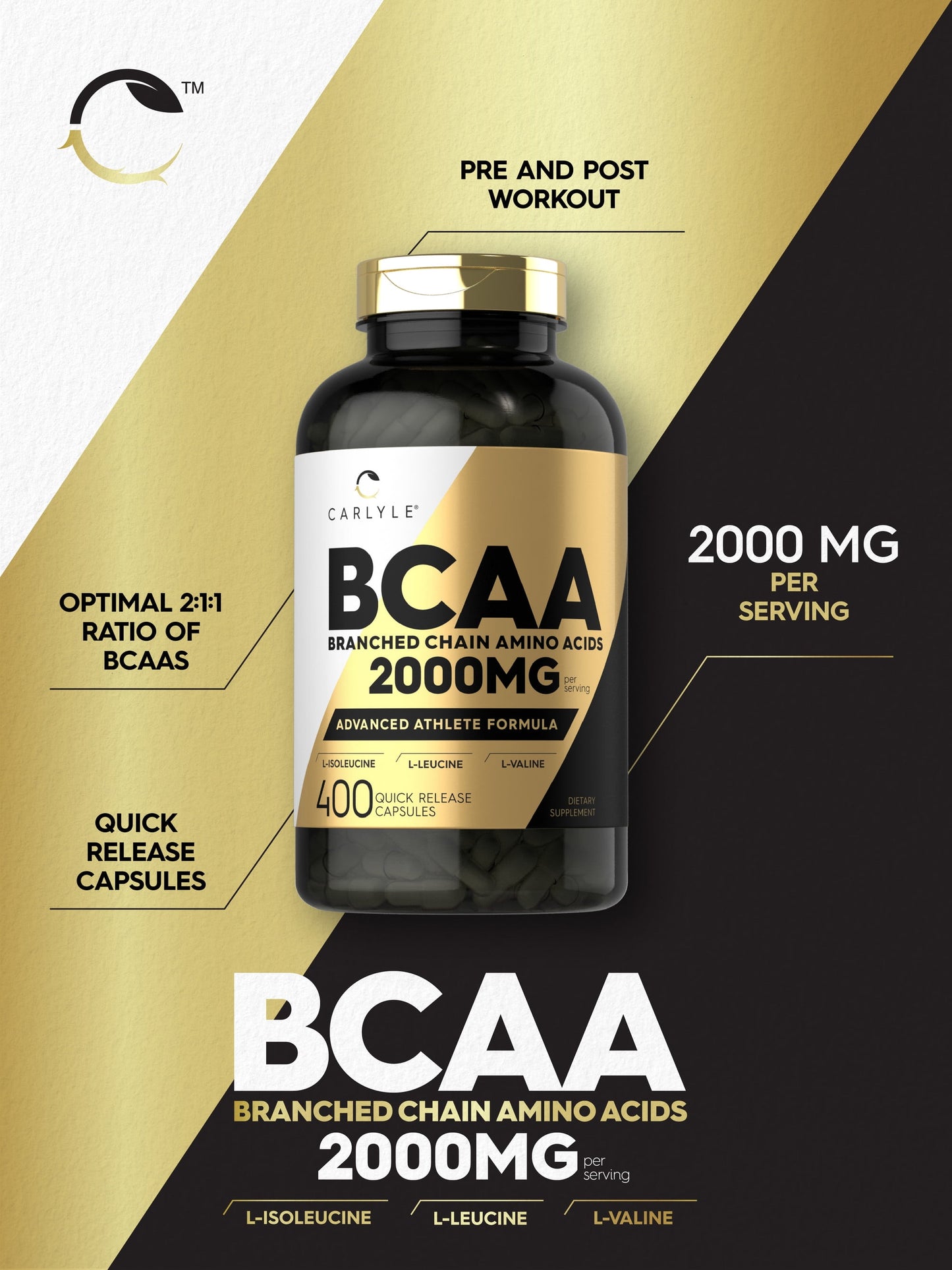 BCAA 2000Mg | 400 Capsules | Branch Chain Amino Acids | by
